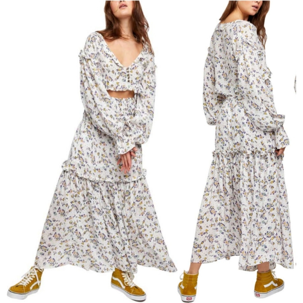 Free People Floral Set Long Sleeve Crop Top Ruffle Maxi Skirt Boho Cottage